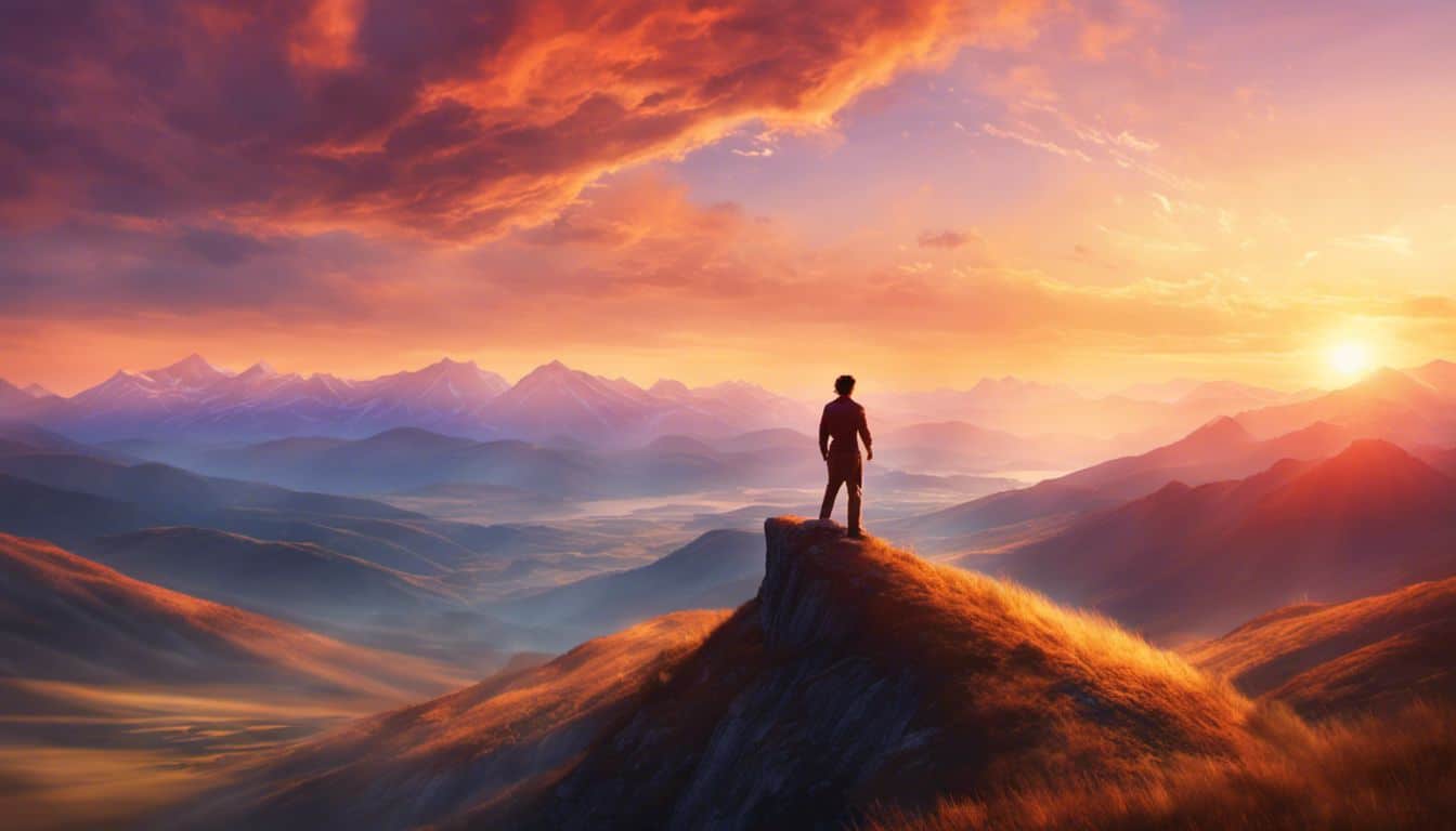 A person on a mountain peak at dusk admiring the landscape.