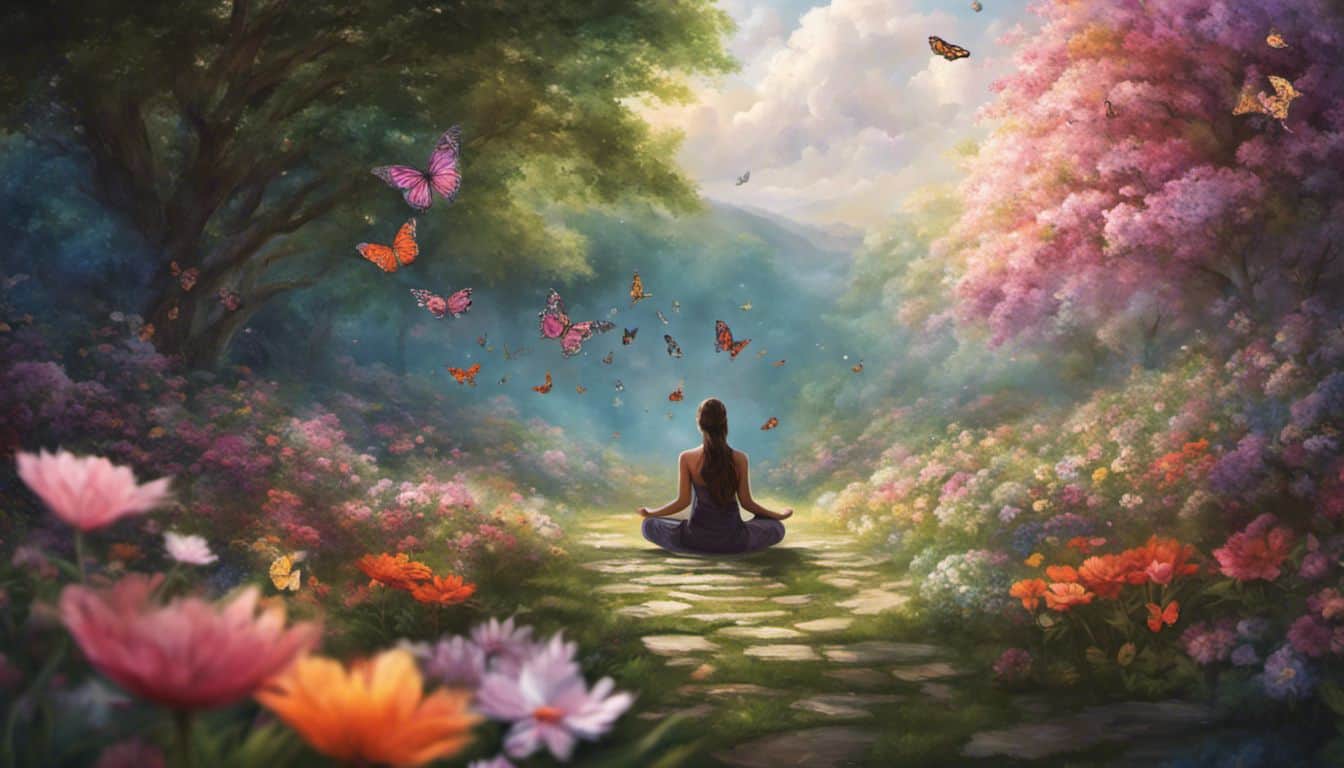 A person meditating amidst blooming flowers and butterflies, surrounded by nature's beauty.