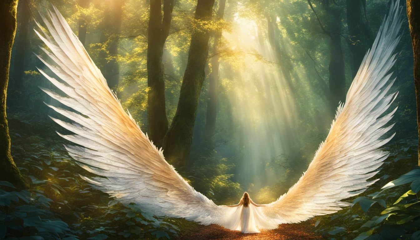 A pair of angel wings spread in a vibrant forest scene.