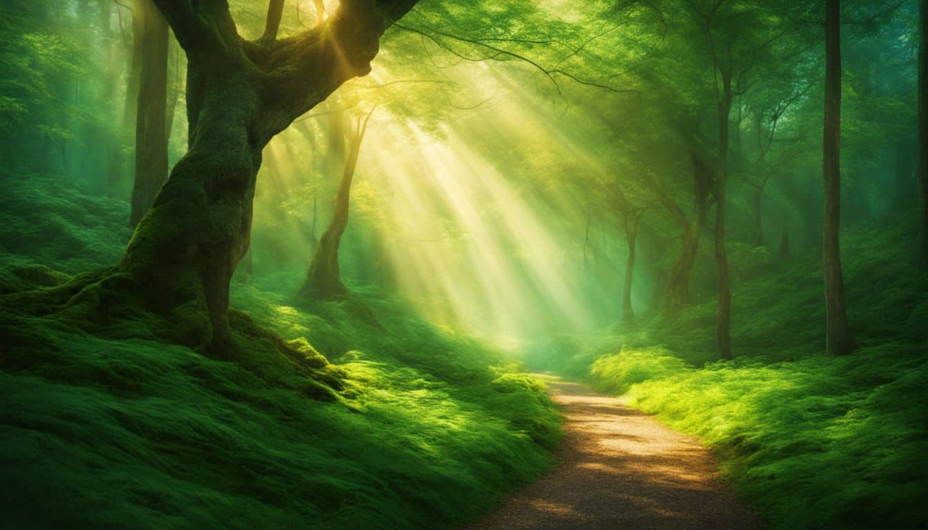 A peaceful forest path leading to a beam of light.
