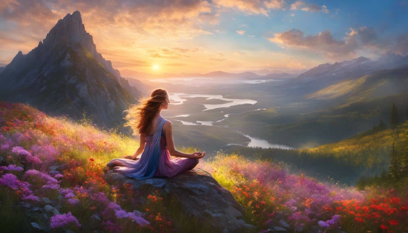 A woman meditating on a mountaintop surrounded by blooming wildflowers.