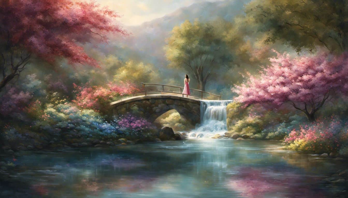 A peaceful garden with colorful blossoms and a flowing stream.