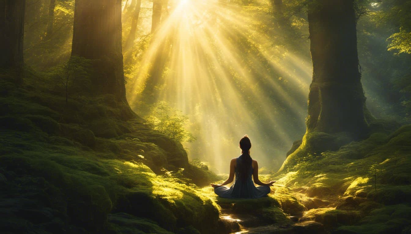 A person meditating in a peaceful forest surrounded by golden sunlight.