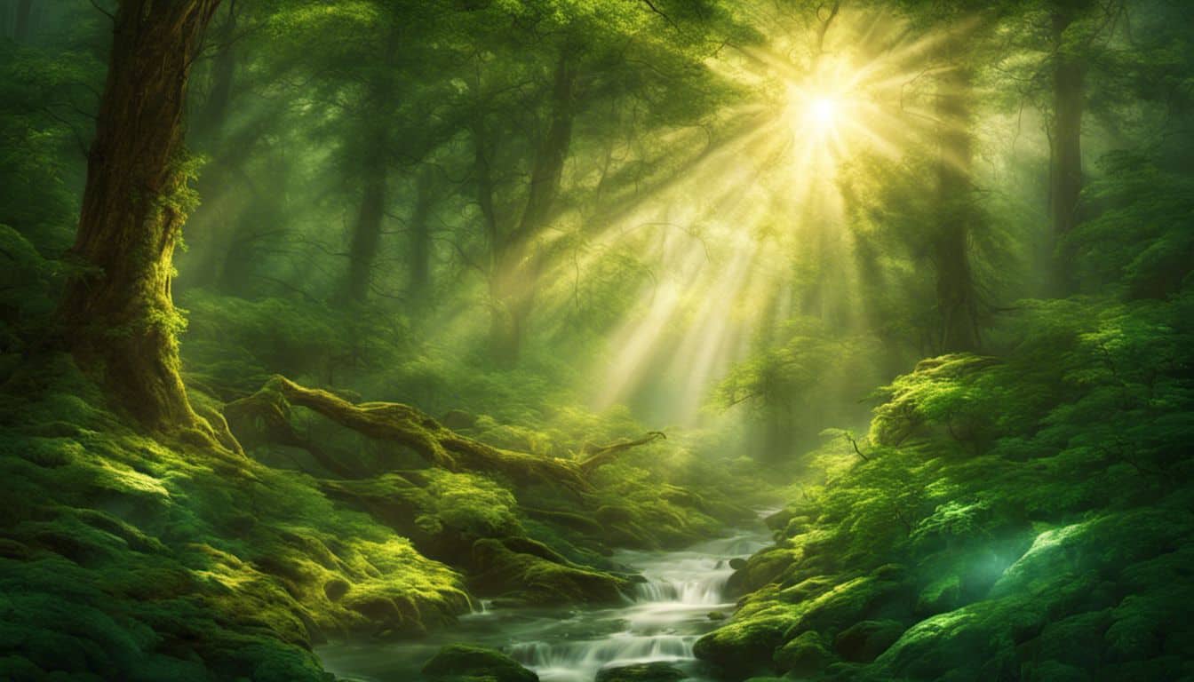 Sunlight filters through dense forest, revealing the intricate beauty of nature.