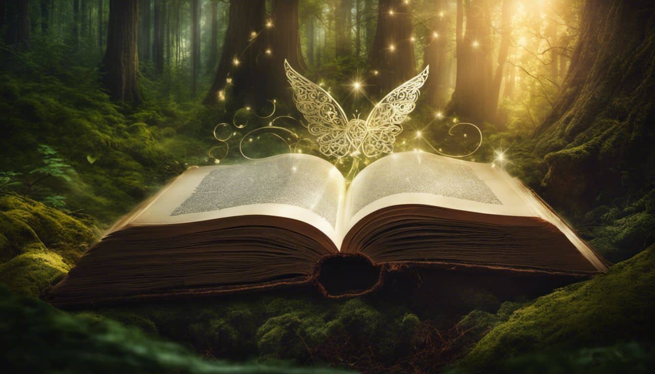 An open book filled with angelic symbols surrounded by a lush forest scene.