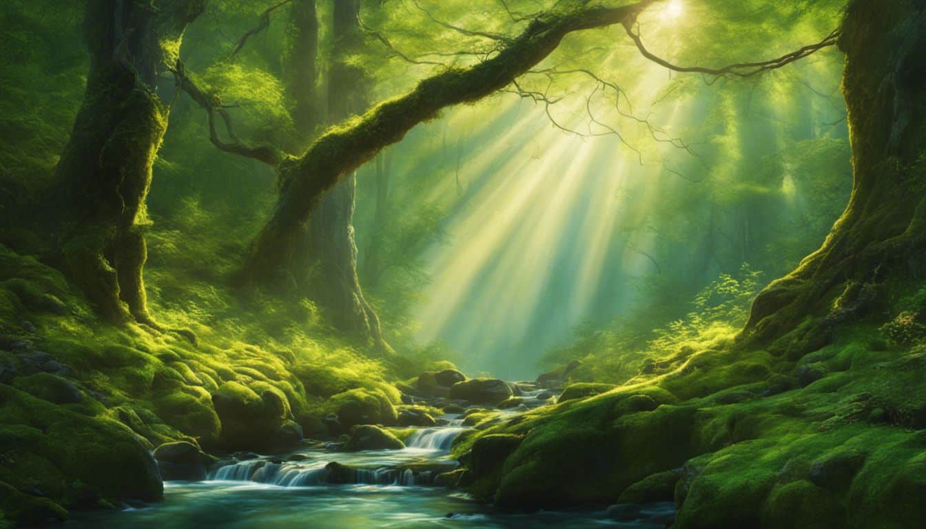 A peaceful forest scene with sunlight, flowing stream, and birds.