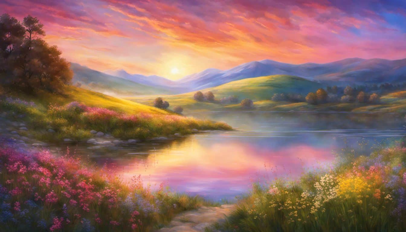 A breathtaking sunrise over a peaceful landscape with wildflowers and a lake.
