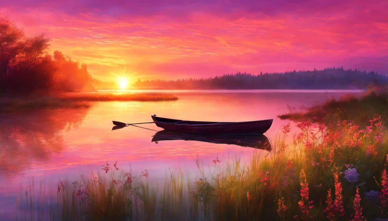 A peaceful lakeside at sunrise with a lone boat and nature's beauty.