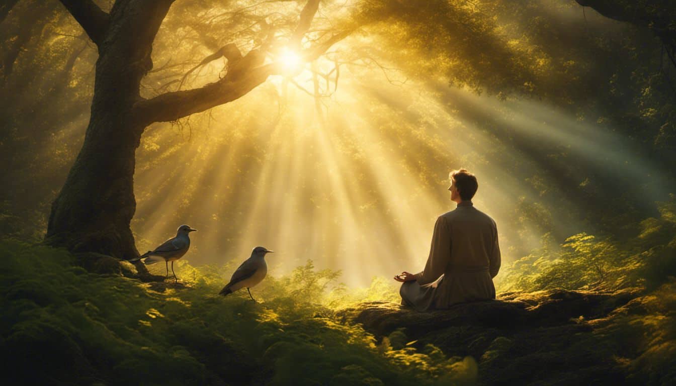 A person meditating in a peaceful forest surrounded by nature.