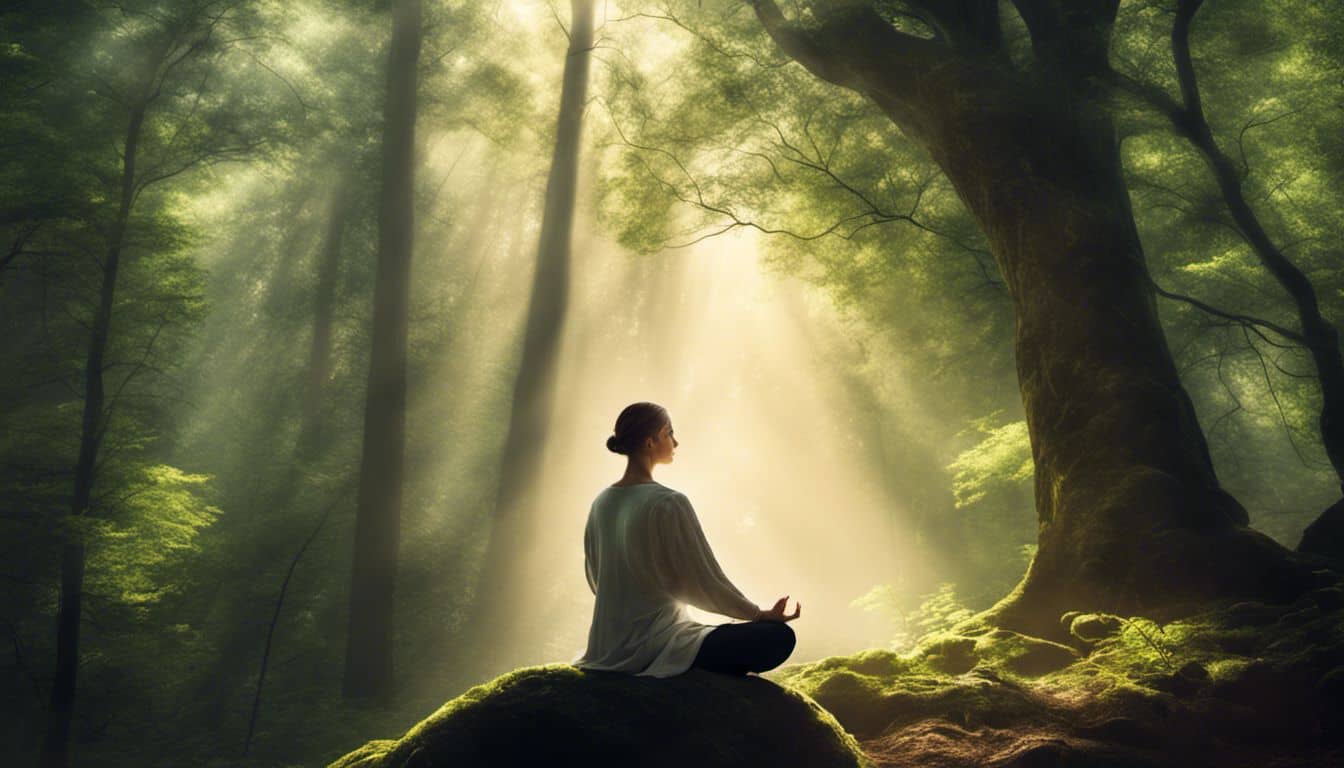 A person meditating in a serene forest surrounded by towering trees.