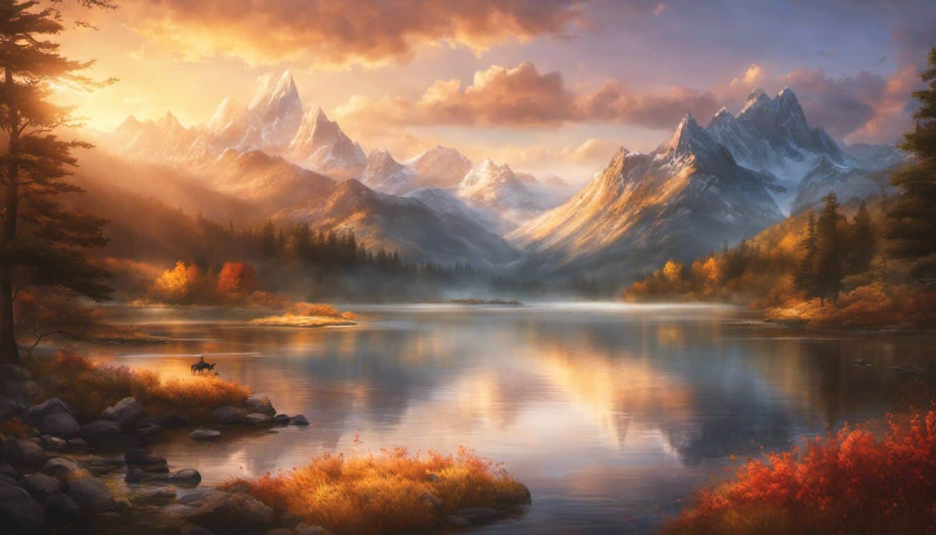 A serene mountain landscape at sunrise, untouched beauty in nature.
