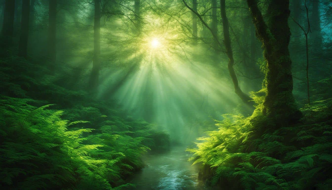 A sunlit misty forest showcasing the enchanting beauty of nature.