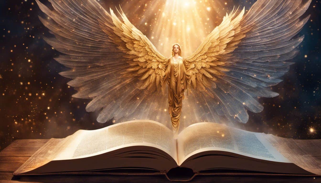 An open book with angel wings in a celestial background.