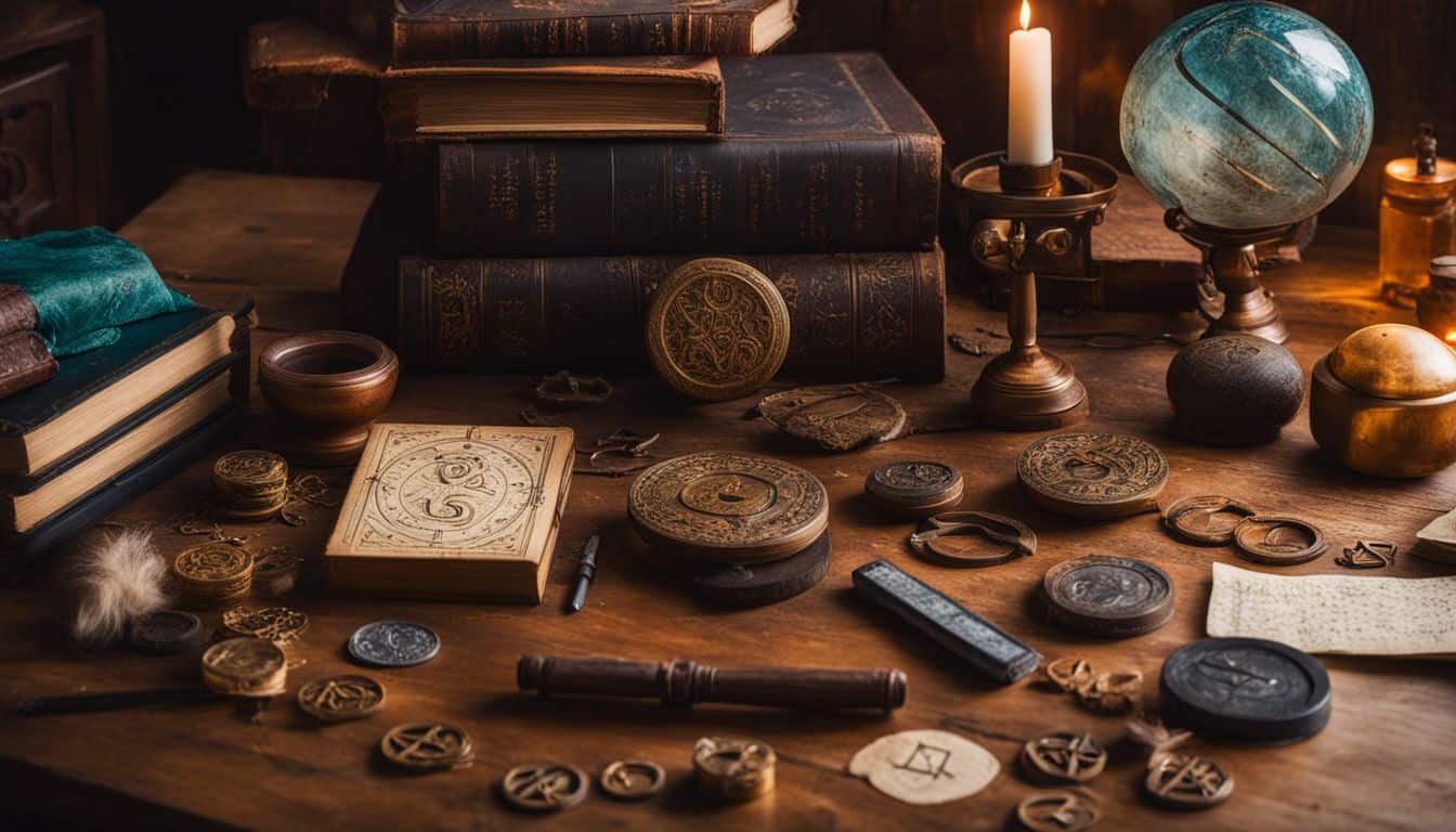 A collection of ancient numerology texts and tools arranged on a wooden table, surrounded by mystical symbols.