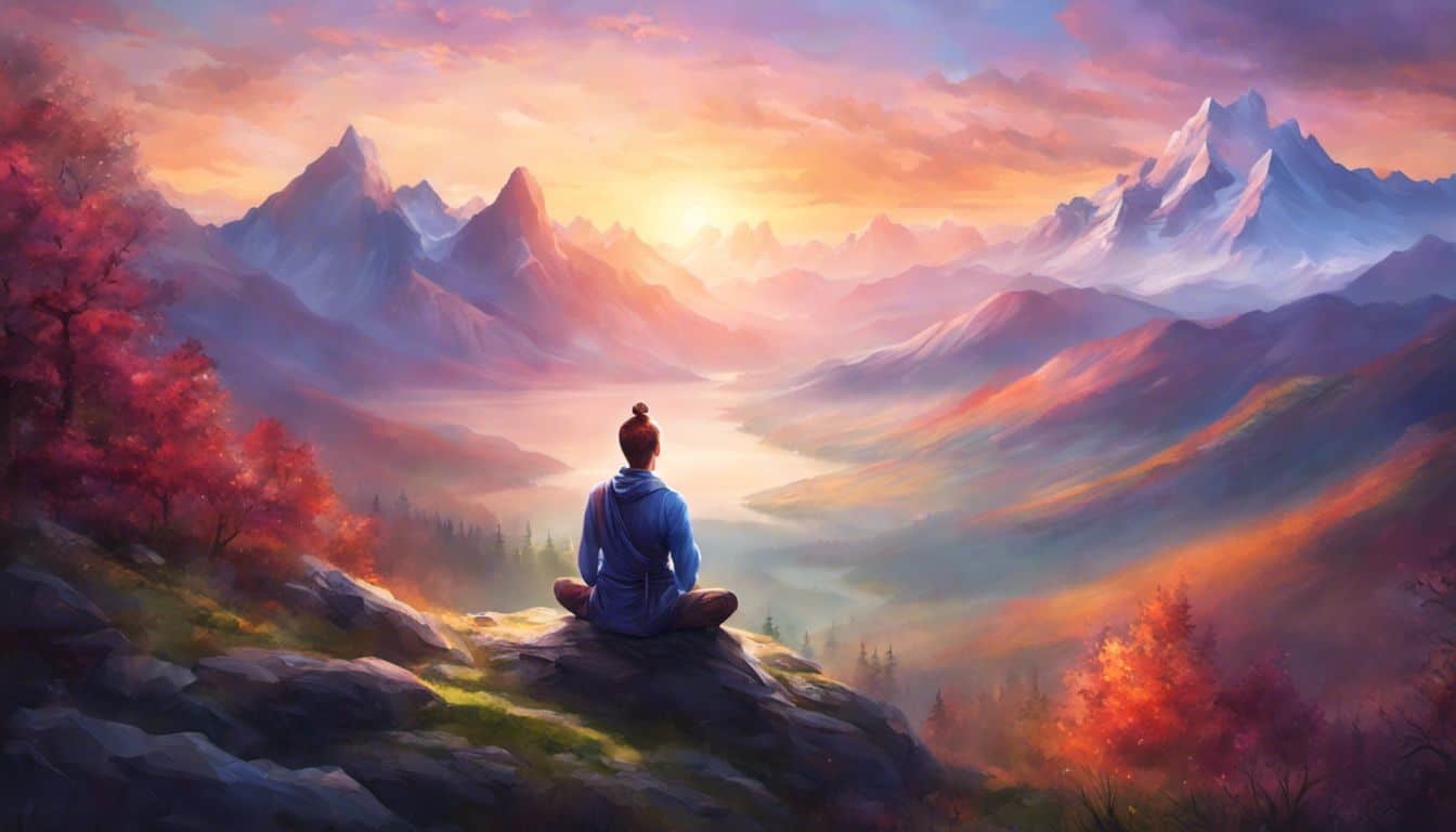 Person meditating on mountaintop at sunrise in tranquil natural landscape.