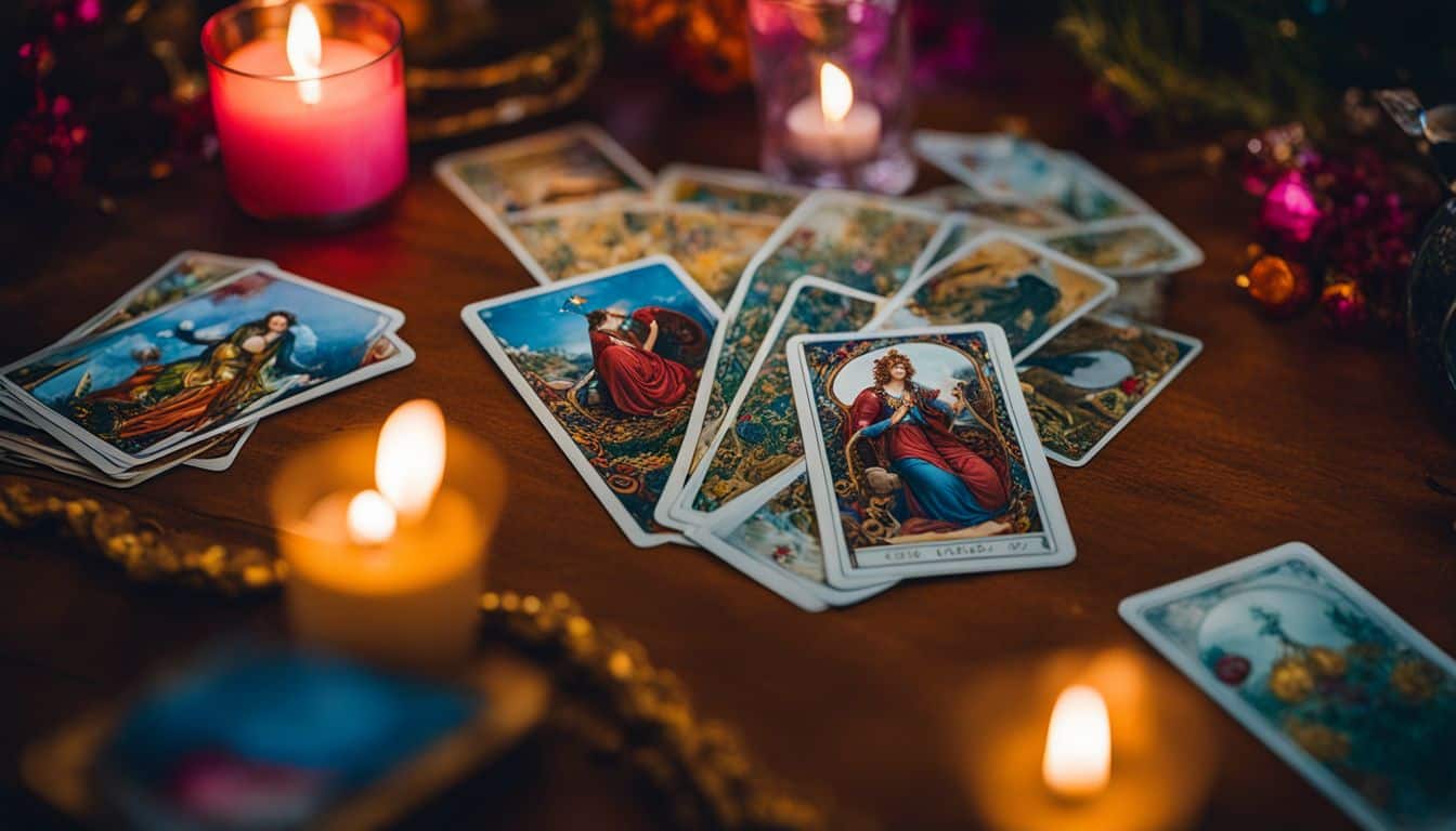 A deck of tarot cards surrounded by candles and a crystal ball on a mystical table, depicting a vibrant and diverse still life arrangement.